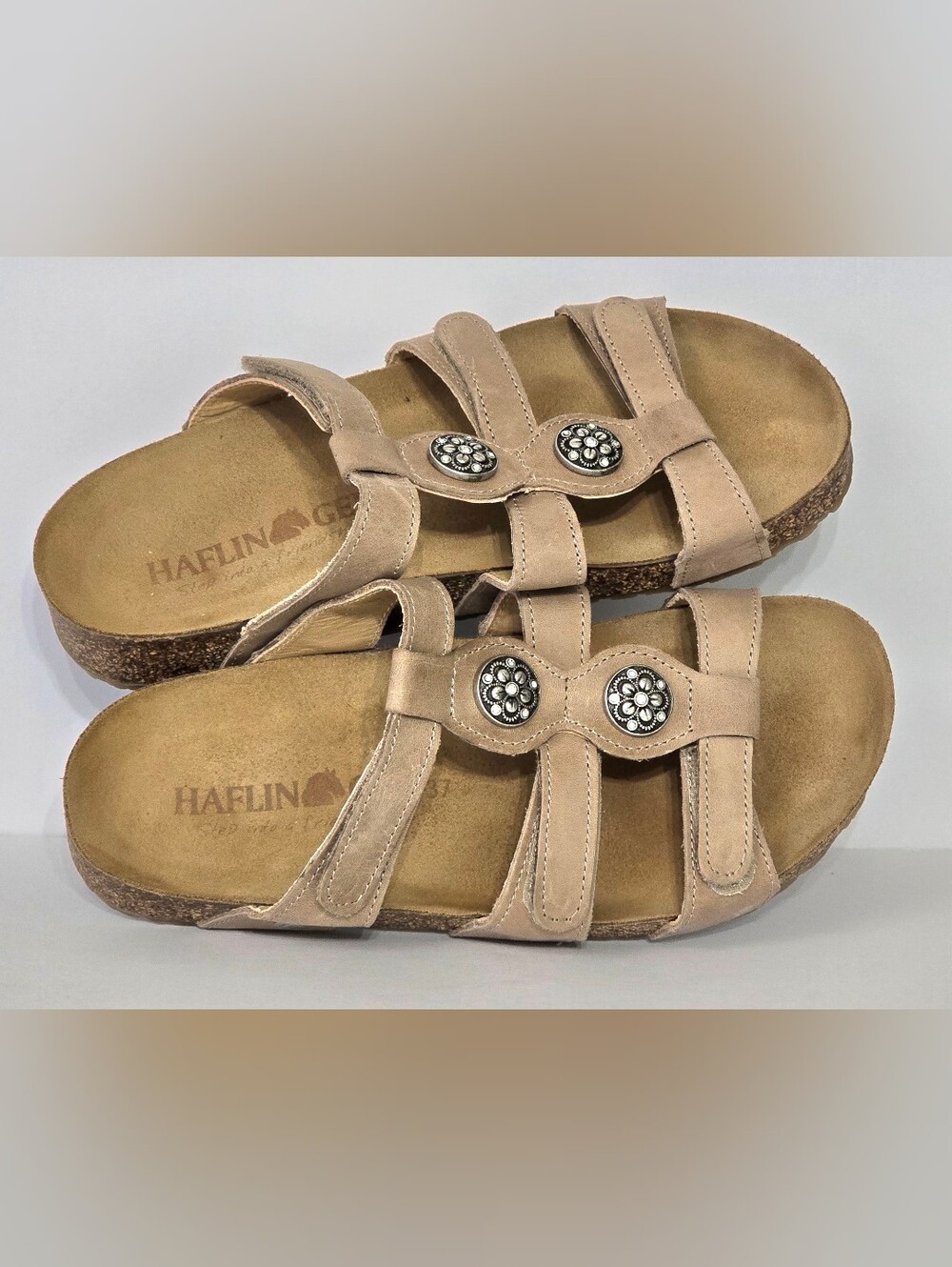 Haflinger Alice Tan Leather Hook Loop Slides Sandals 37 US 6 Concho Rhinestone